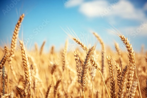 Close-up of a golden wheat field under a blue sky on a sunny day, featuring beautiful high-definition photography with a softly blurred background.