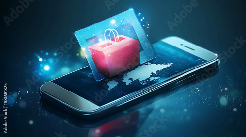 A smartphone with a shopping bag icon on the screen, symbolizing online shopping and global reach. photo