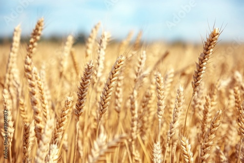 Close-up of a golden wheat field under a blue sky on a sunny day, featuring beautiful high-definition photography with a softly blurred background.