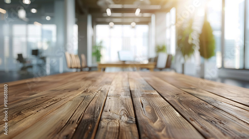 Wood tabletop with a blurred bokeh office interior background; ideal for product display or montage