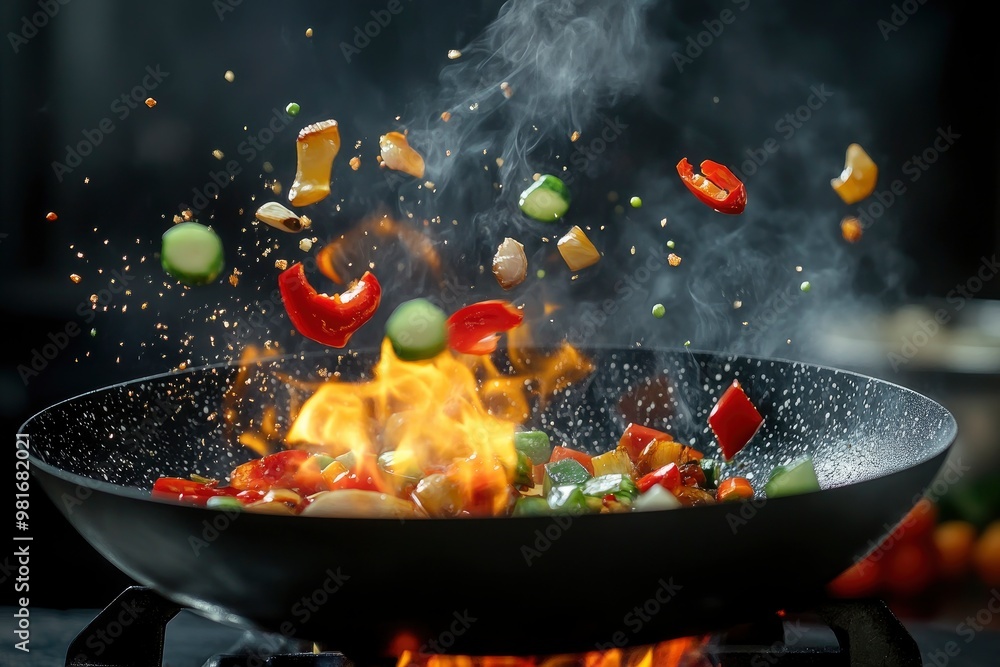 Freeze Motion of Wok Pan with Flying Ingredients in the Air and Fire Flames , ai Freeze Motion of Wok Pan with Flying Ingredients in the Air and Fire Flames , ai