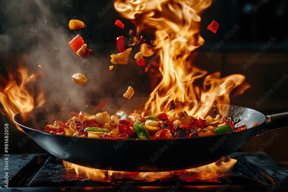Freeze Motion of Wok Pan with Flying Ingredients in the Air and Fire Flames , ai Freeze Motion of Wok Pan with Flying Ingredients in the Air and Fire Flames , ai