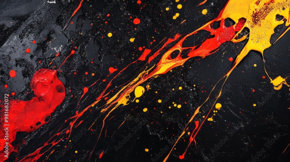 Splattered red and yellow paint on black marble, fiery abstract background generative ai Splattered red and yellow paint on black marble, fiery abstract background generative ai