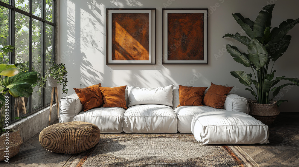 Fototapeta premium Modern living room with white sofa, orange pillows, and large green plant.