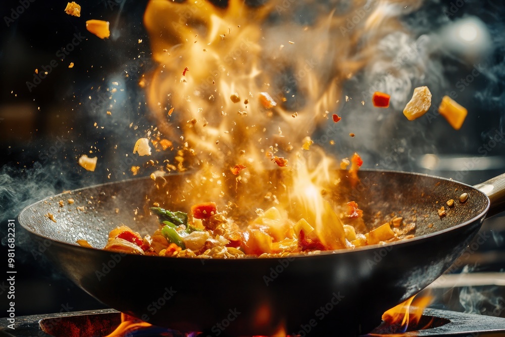 Freeze Motion of Wok Pan with Flying Ingredients in the Air and Fire Flames , ai Freeze Motion of Wok Pan with Flying Ingredients in the Air and Fire Flames , ai