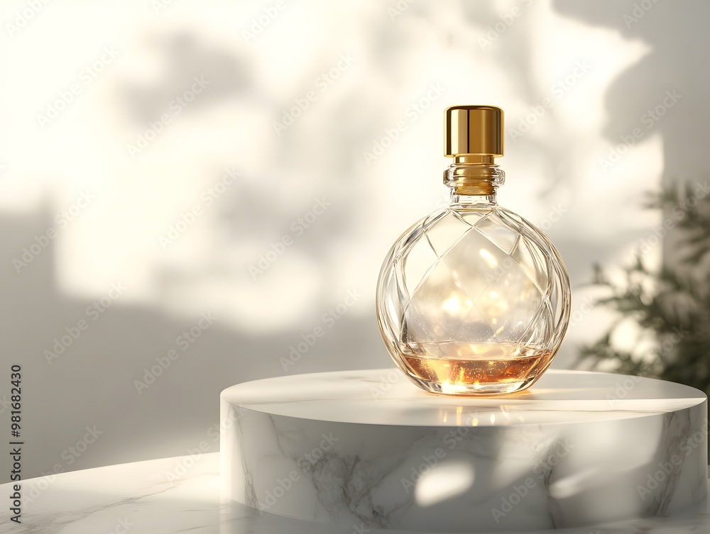 Luxury Perfume Bottle on Marble Stand with Sunlight Luxury Perfume Bottle on Marble Stand with Sunlight