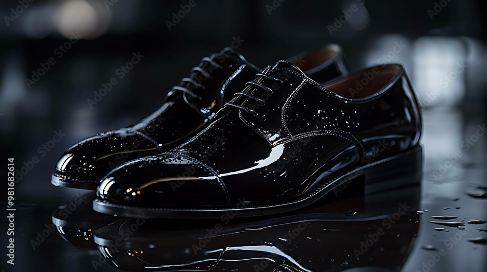 Fototapeta premium Black patent leather shoes with water droplets.