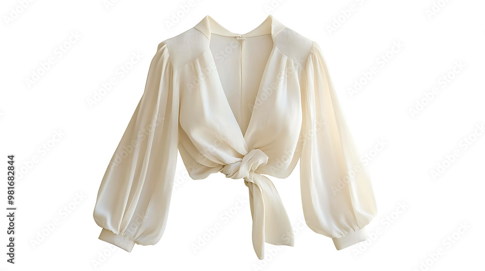 A white silk blouse with a deep V neck, puffed sleeves, and a tie at the front. A white silk blouse with a deep V neck, puffed sleeves, and a tie at the front.