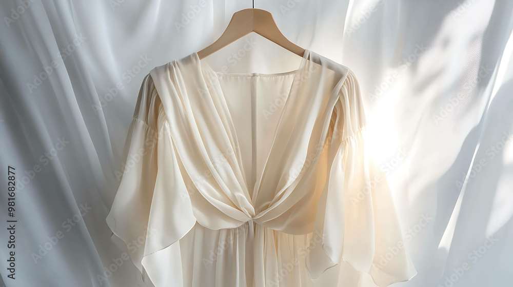 A delicate, white, flowing blouse hangs on a wooden hanger against a backdrop of white curtains. A delicate, white, flowing blouse hangs on a wooden hanger against a backdrop of white curtains.