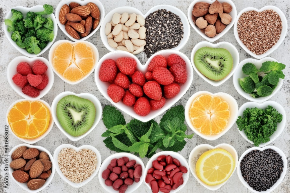 Heart-shaped arrangement of colorful fruits, vegetables, and grains in white bowls on a table, showcasing a variety of healthy foods like strawberries, kiwi, oranges, and broccoli. Heart-shaped arrangement of colorful fruits, vegetables, and grains in white bowls on a table, showcasing a variety of healthy foods like strawberries, kiwi, oranges, and broccoli.