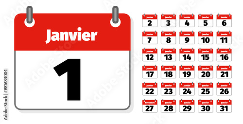 ensemble d'icônes représentant des calendriers ou agendas français montrant chacun un jour du mois de janvier 