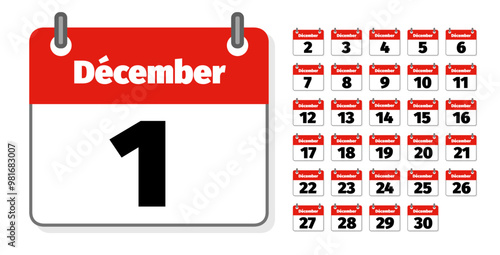 ensemble d'icônes représentant des calendriers ou agendas anglais montrant chacun un jour du mois de décembre 