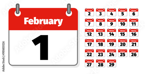 ensemble d'icônes représentant des calendriers ou agendas anglais montrant chacun un jour du mois de février 