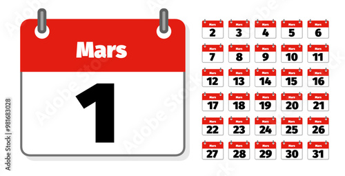 ensemble d'icônes représentant des calendriers ou agendas français montrant chacun un jour du mois de mars 
