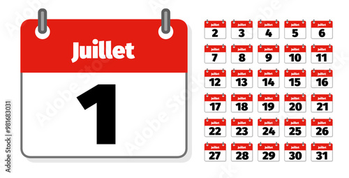 ensemble d'icônes représentant des calendriers ou agendas français montrant chacun un jour du mois de juillet 
