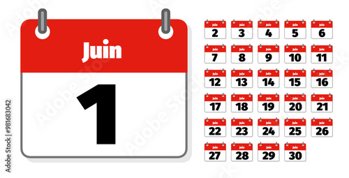 ensemble d'icônes représentant des calendriers ou agendas français montrant chacun un jour du mois de juin 