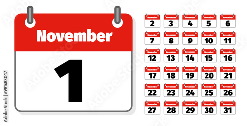 ensemble d'icônes représentant des calendriers ou agendas anglais montrant chacun un jour du mois de novembre 