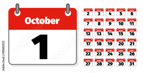ensemble d'icônes représentant des calendriers ou agendas anglais montrant chacun un jour du mois de octobre 