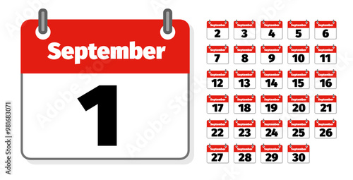 ensemble d'icônes représentant des calendriers ou agendas anglais montrant chacun un jour du mois de septembre 