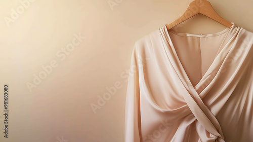 A silky nude blouse hanging on a wooden hanger against a beige wall.