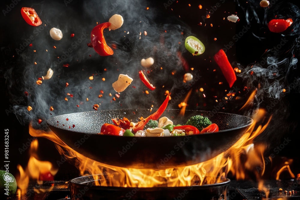 Freeze Motion of Wok Pan with Flying Ingredients in the Air and Fire Flames, ai Freeze Motion of Wok Pan with Flying Ingredients in the Air and Fire Flames, ai