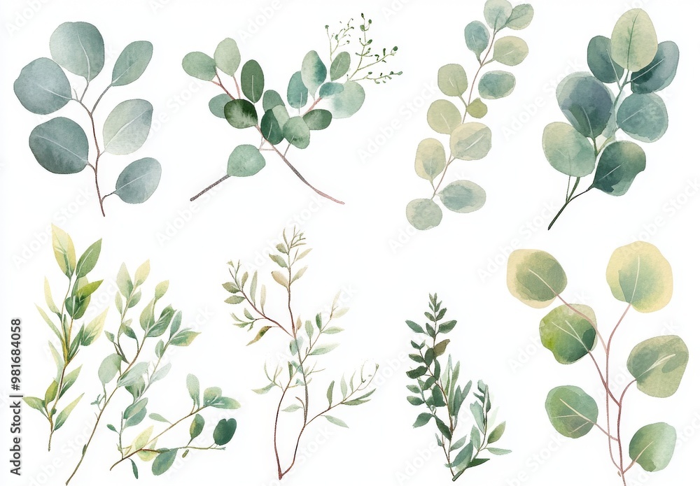 Obraz premium Watercolor eucalyptus clipart featuring various leaves and branches on a white background with a muted pastel color palette.