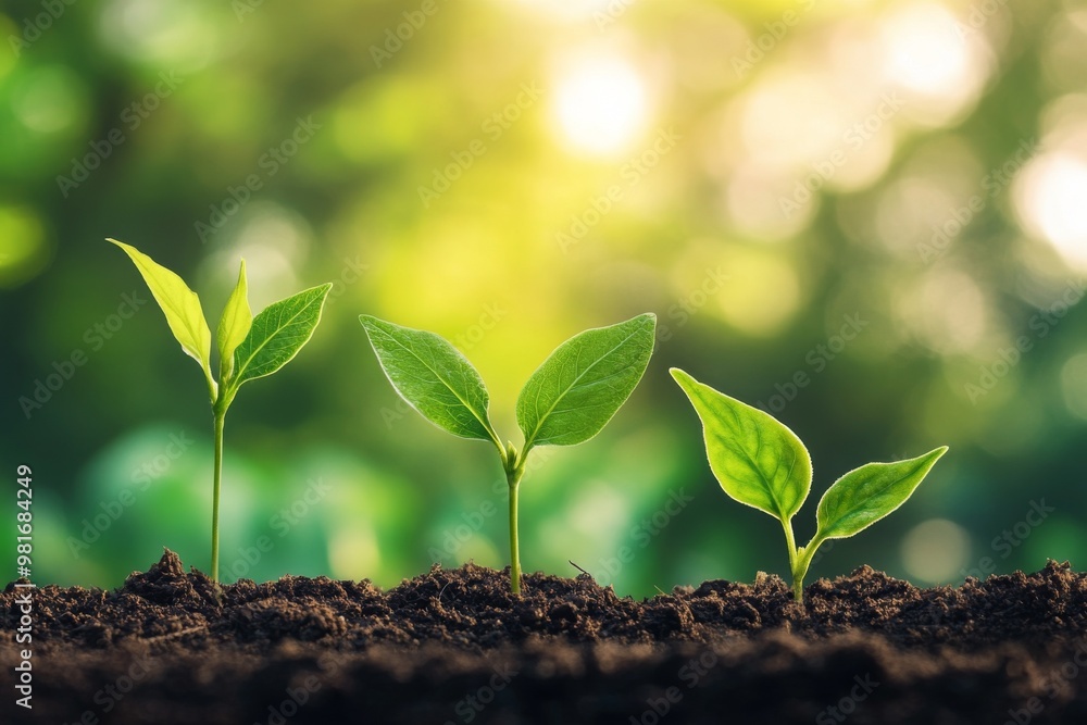 Three small green plants emerging from the ground in a sunlit natural setting, representing growth and eco-friendliness in an environmental context. Three small green plants emerging from the ground in a sunlit natural setting, representing growth and eco-friendliness in an environmental context.