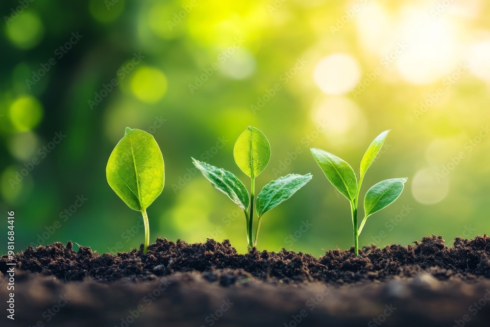 Three small green plants emerging from the ground in a sunlit natural setting, representing growth and eco-friendliness in an environmental context. Three small green plants emerging from the ground in a sunlit natural setting, representing growth and eco-friendliness in an environmental context.