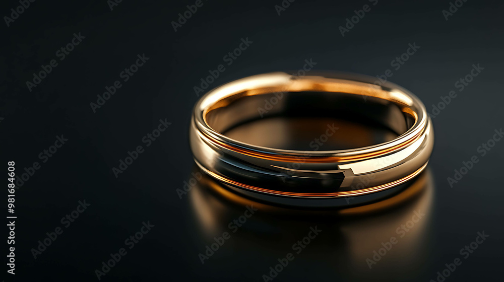 A gold wedding band on a black background.