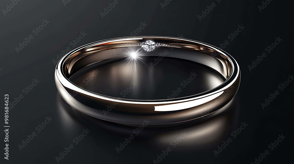 A simple, elegant silver wedding band with a single diamond on a black background. A simple, elegant silver wedding band with a single diamond on a black background.