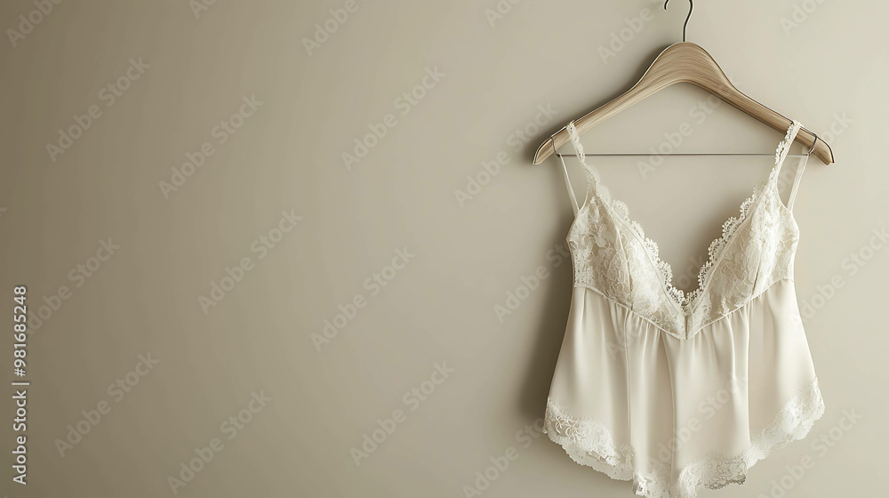 A white lace and silk camisole hangs on a wooden hanger against a cream wall. A white lace and silk camisole hangs on a wooden hanger against a cream wall.