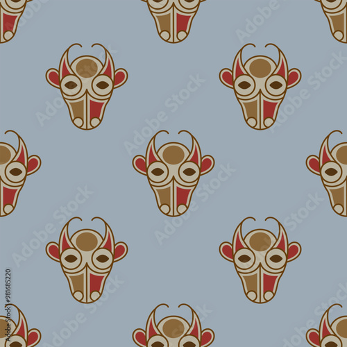 Seamless animal pattern with stylized cow or bull heads. Ethnic Irish folk design. On light blue background. photo