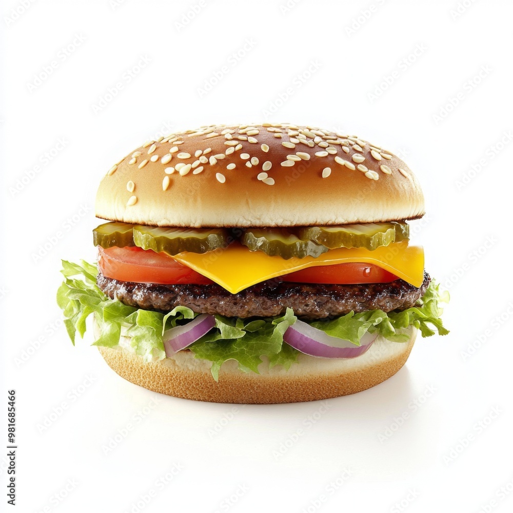 Photorealistic hamburger with cheese, lettuce, and tomato on a white background, featuring a golden sesame seed bun and vibrant toppings. Photorealistic hamburger with cheese, lettuce, and tomato on a white background, featuring a golden sesame seed bun and vibrant toppings.