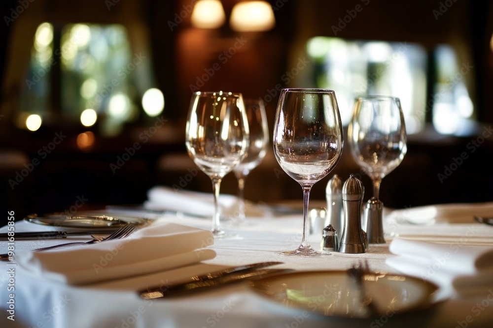 Elegant dining table setup in an upscale restaurant featuring wine glasses and cutlery, capturing the luxury of fine dining with a soft-focus background. High-resolution image shot Elegant dining table setup in an upscale restaurant featuring wine glasses and cutlery, capturing the luxury of fine dining with a soft-focus background. High-resolution image shot