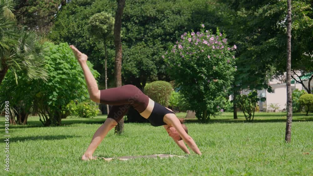Fitness instructor is performing bird dog yoga pose variation on mat in public park. She is raising one arm and opposite leg Fitness instructor is performing bird dog yoga pose variation on mat in public park. She is raising one arm and opposite leg