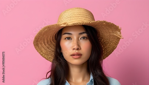 Stylish woman in straw hat on vibrant pink background celebrating agriculture and farming lifestyle in a modern studio portrait