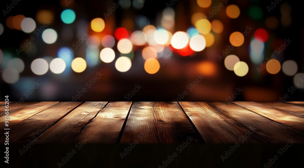 Abstract blurred bokeh lights and wooden table with space for product display or text overlay, with a blurred night city street in the background, perfect for commercial or marketing purposes. Abstract blurred bokeh lights and wooden table with space for product display or text overlay, with a blurred night city street in the background, perfect for commercial or marketing purposes.