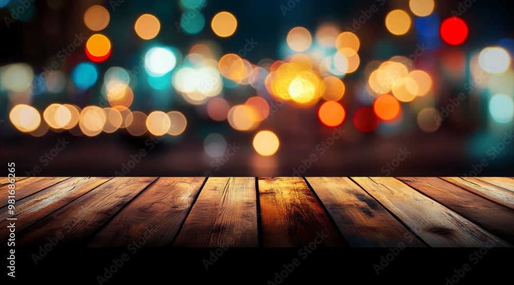 Abstract blurred bokeh lights and wooden table with space for product display or text overlay, with a blurred night city street in the background, perfect for commercial or marketing purposes. Abstract blurred bokeh lights and wooden table with space for product display or text overlay, with a blurred night city street in the background, perfect for commercial or marketing purposes.