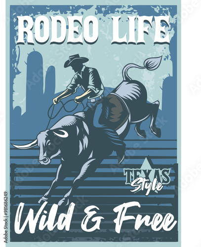 Vector Illustration of Cowboy Riding Bull with Vintage Illustration Available for Poster