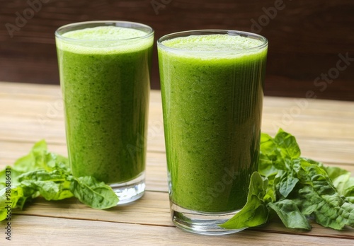 Two glasses of fresh green smoothie on a rustic wooden table surrounded by leaves, captured in a realistic and natural photograph, ideal for health and lifestyle promotions.