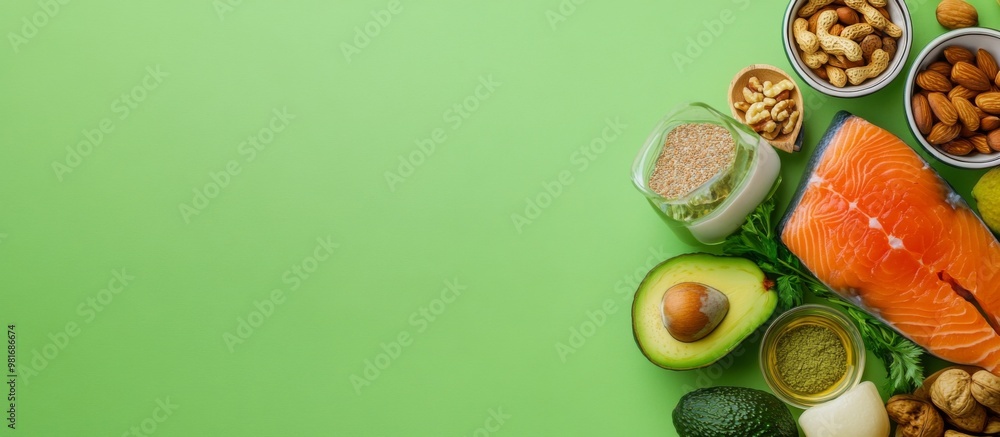 Array of healthy food items including fish, nuts, and avocado on a vibrant green background, with ample copy space on the right for a web banner or promotional design. Array of healthy food items including fish, nuts, and avocado on a vibrant green background, with ample copy space on the right for a web banner or promotional design.