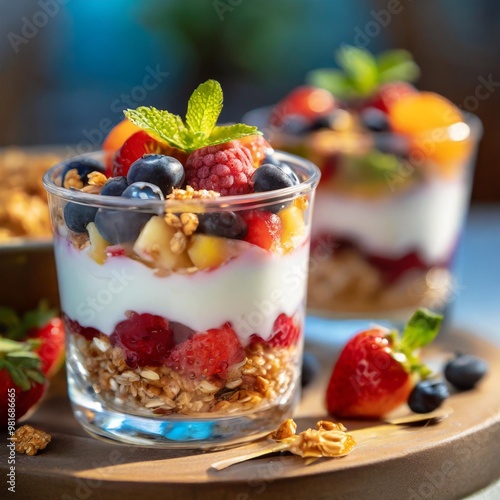 Refreshing breakfast parfaits with depth of field highlighting layers of yogurt, fruits, and granola