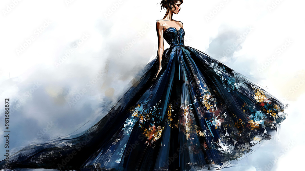 Fototapeta premium Elegant woman in a blue gown with a watercolor background.