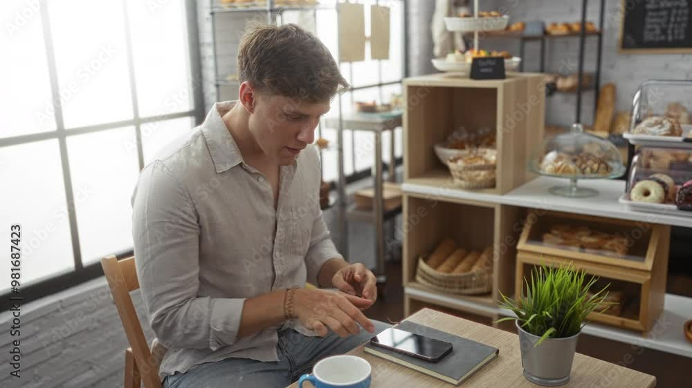 Young man in a bakery talking on a smartphone while sitting at a table with bread and pastries in the background. Young man in a bakery talking on a smartphone while sitting at a table with bread and pastries in the background.
