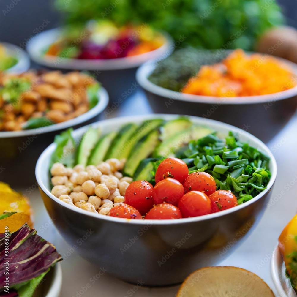 Artfully arranged vegan bowls with depth of field highlighting fresh ingredients and nutritious choices Artfully arranged vegan bowls with depth of field highlighting fresh ingredients and nutritious choices