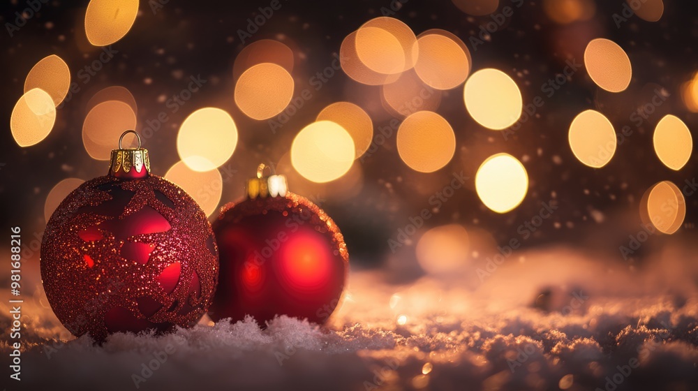 Fototapeta premium Two red Christmas balls on bokeh background with lights and copy space. Xmas and New Year greeting card holiday theme