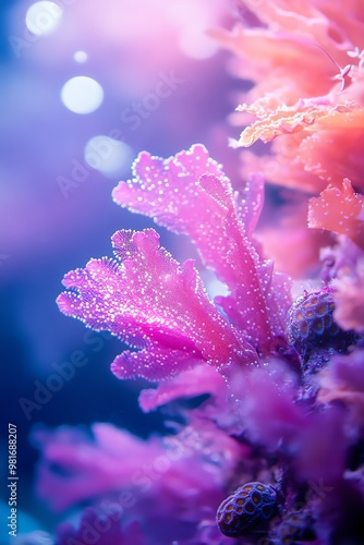 A serene, close-up shot of an underwater world, showcasing minimalist designs, vibrant coral textures, elegantly flowing seaweed, captured in stunning macro photography photo