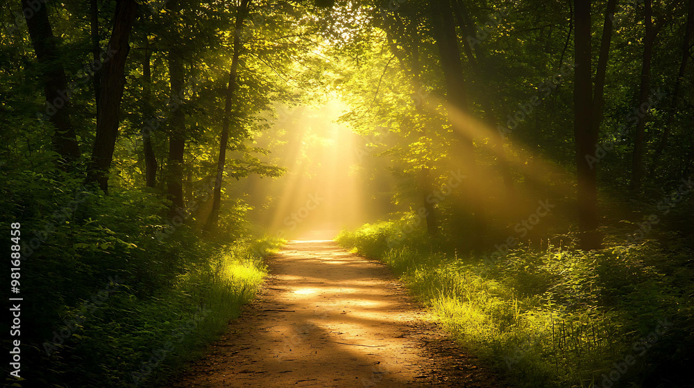 Naklejka premium A sunlit path winds through a lush forest.