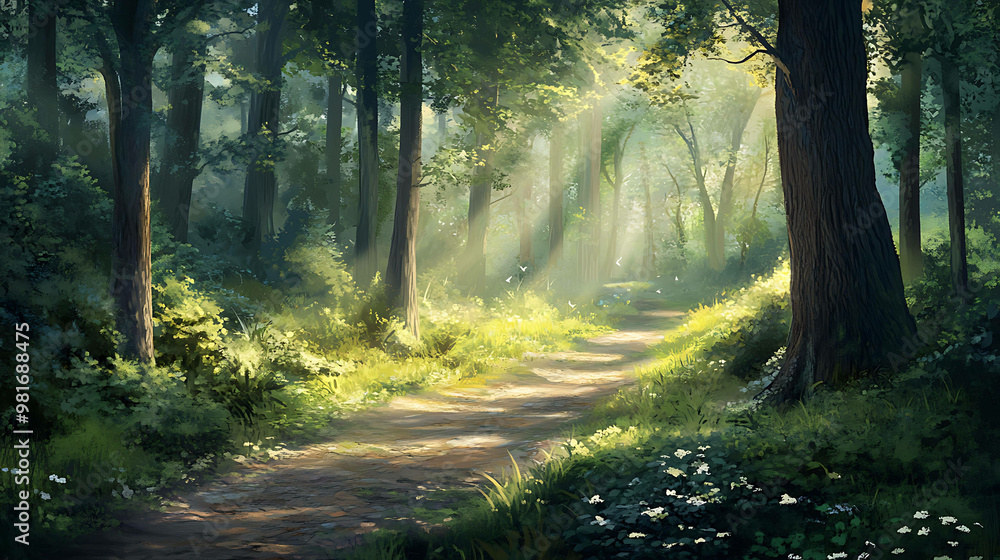 Fototapeta premium Sunbeams shine through the trees and foliage on a forest path.