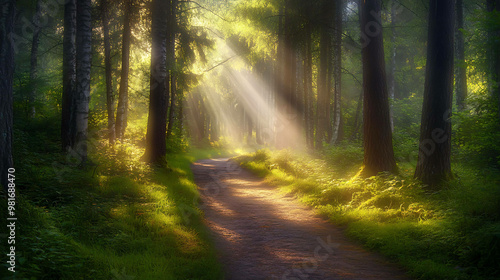 Sunlight streams through trees in a dense forest, illuminating the path ahead.